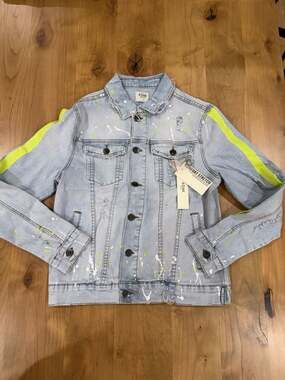 KDNK Light Blue Distressed Denim Jacket with Neon Lime Stripes and Paint Splatte